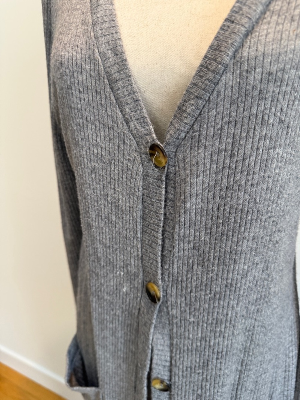 Long Ribbed Button-Front Gray Cardigan Sweater - Picture 2 of 3